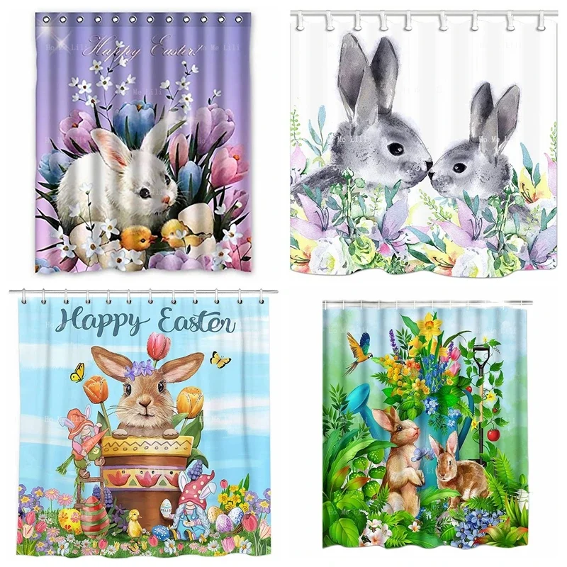 Happy Easter Bunny Eggs With Tulip Flowers And Gnomes Holiday Cloth Shower Curtain Spring Home Decorations