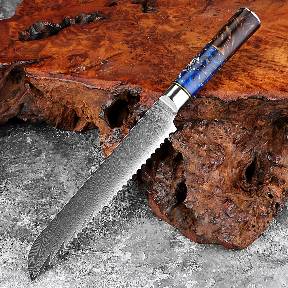 

Japanese 8 Inch Bread Knife, Serrated Sourdough Bread Slicing Knife, 67 Layers Damascus Steel Sharp Cake Knife with Resin Handle