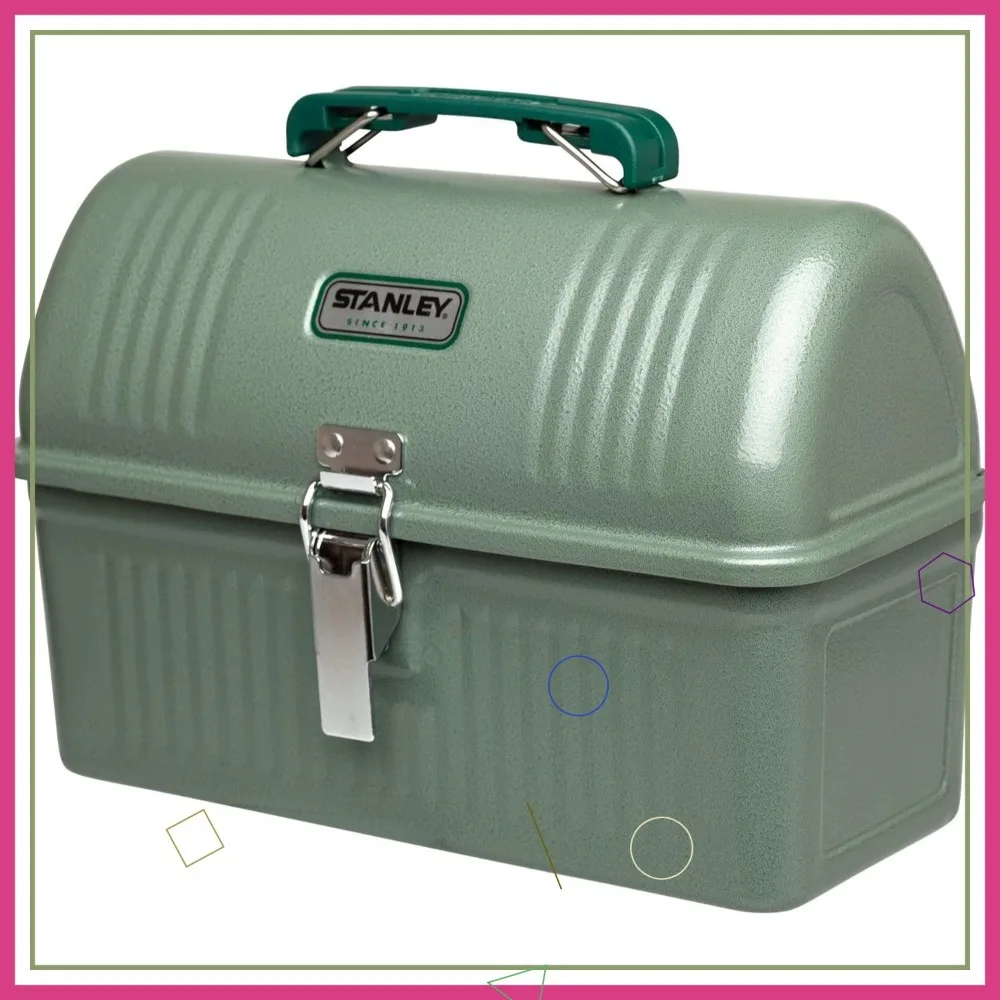 

Vintage Metal Lunch Box 5.5 qt with Handle and Latch, Durable Meal Container for Food and Drinks in Hammer Tone Green
