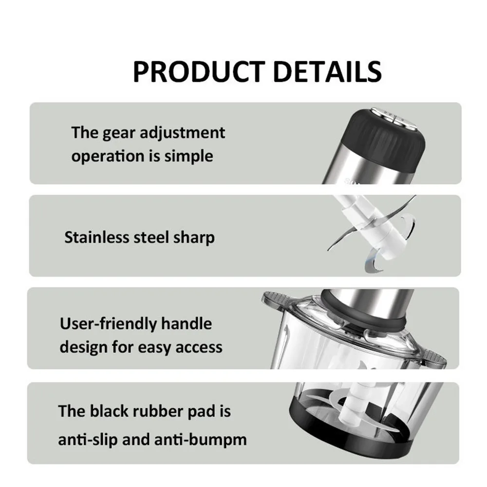 Multifunctional Glass Electric Meat Grinder and Food Chopper for Home Kitchen, 2L Capacity, 800W