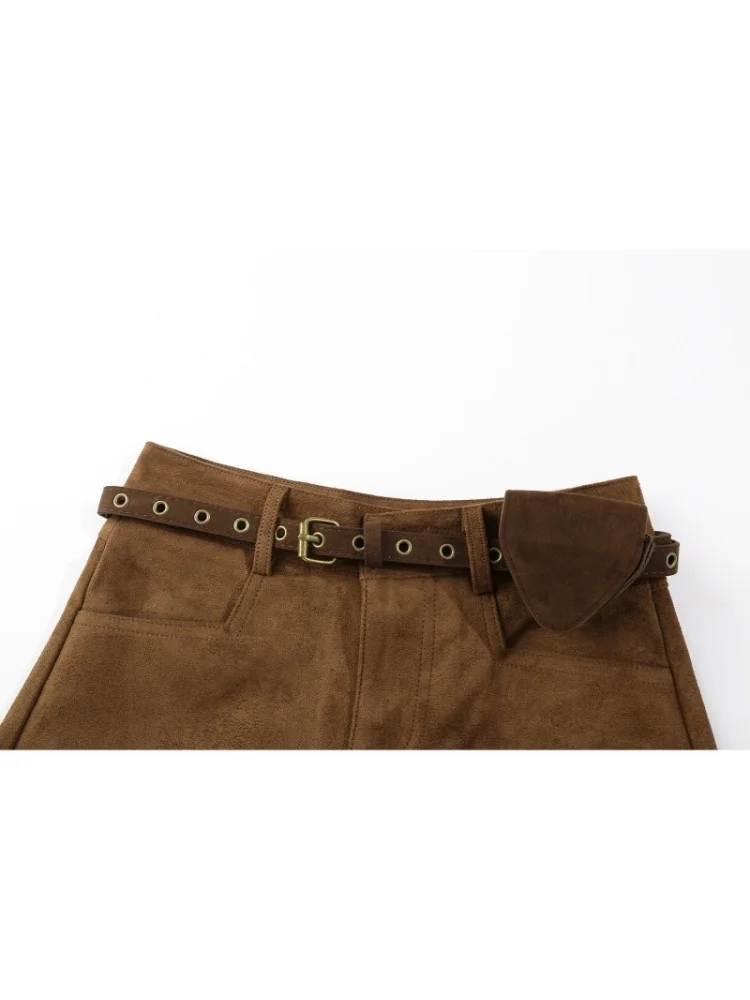 Celana Kulit Wanita Model A-Line High Waist Warna Cokelat Bahan Suede untuk Musim Gugur dan Musim Dingin, Cocok untuk Aktivitas Luar Ruangan