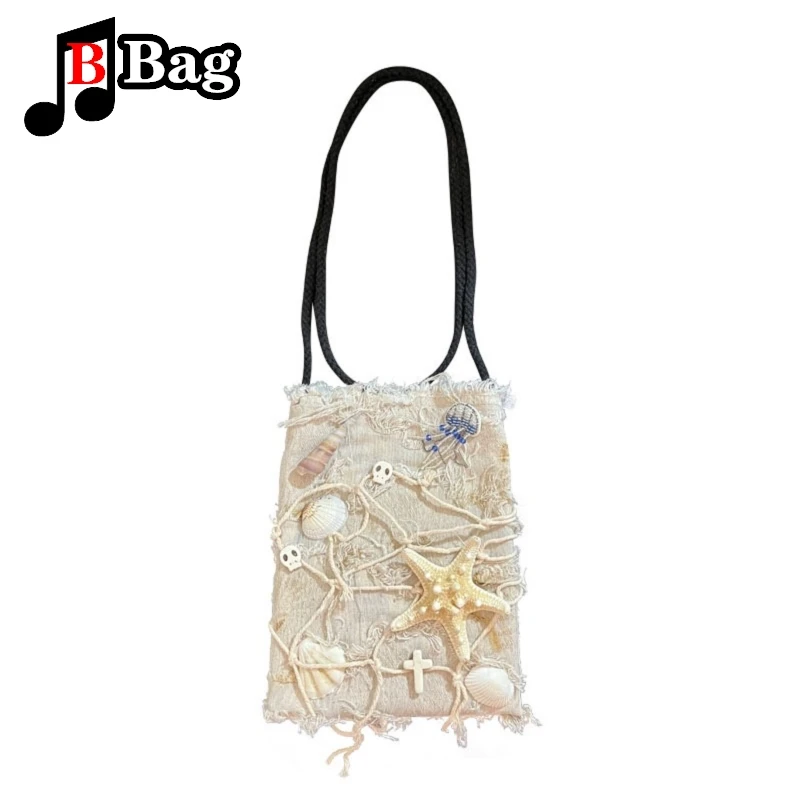 Marine animal handmade decoration bag Harajuku Women Girl Shell starfish vintage Shoulder bag female summer canvas messenger bag