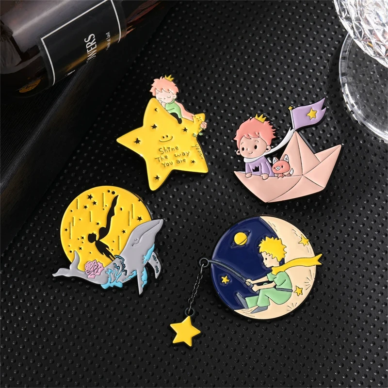 Cartoon Little Prince Metal Badges Enamel Moon Star Paper Boat Whale Universe Clothing Brooch Lapel Pin Backpack Hat Accessories