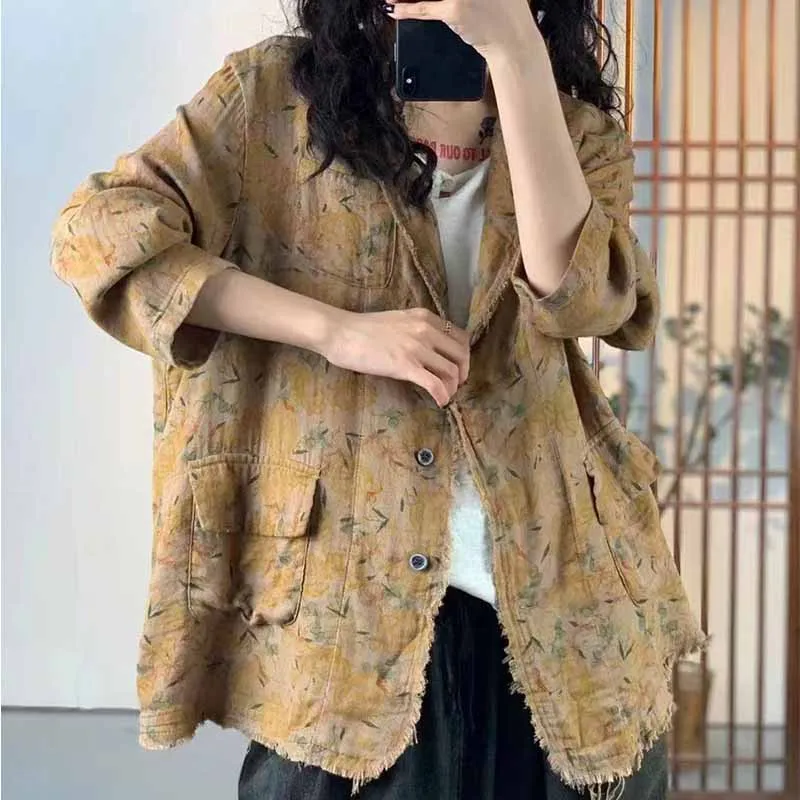 High Quality Women Casual Cotton Jackets New Arrival 2024 Autumn Vintage Style Floral Print Loose Female Outerwear Coats M106