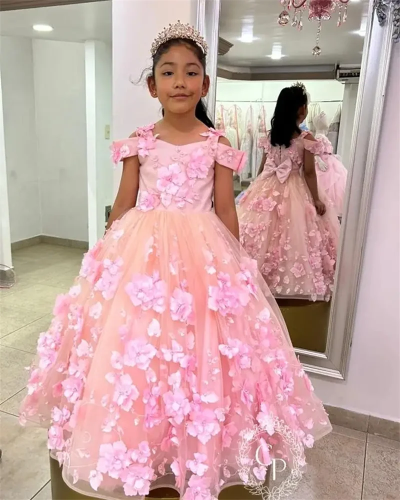 Customized Pink Flower Girl Dresses For Wedding 3D Flowers Off Shoulder With Bow Luxury Princess Birthday Party Banquet Gown