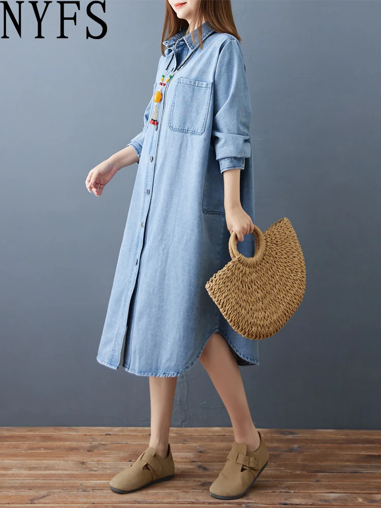 NYFS 2025 Herbst Winter Koreanische Neue Frauen Hemd Kleid Lose plus Größe Robe einreiher Elbise Denim Kleider