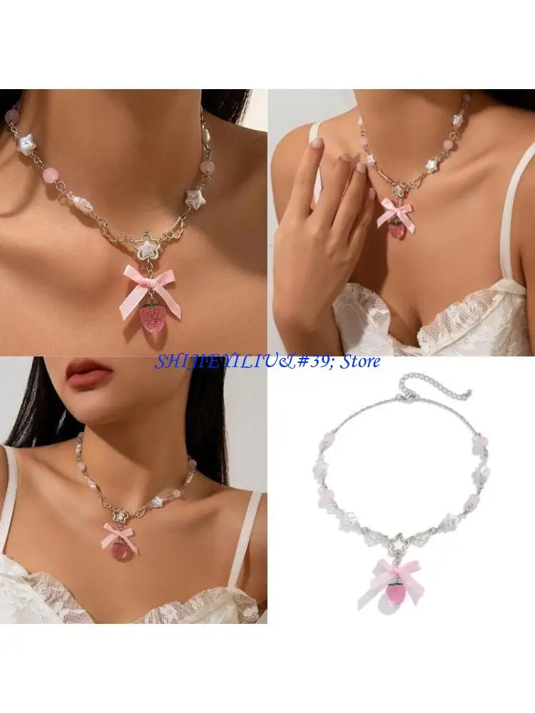E21F Multipurpose Lovely Strawberry Heart Necklace With Adjustable Chain for Girls Fashionable Party Wear Stylish Outfits