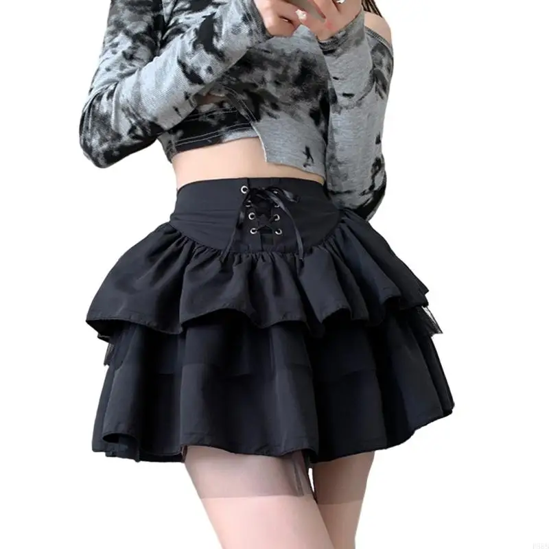 

P88B Womens Japanese JK Lace-Up High Waist A-Line Mini Skirt Harajuku Y2K Pleated Tiered Mesh Trim Splicing Short Skirts