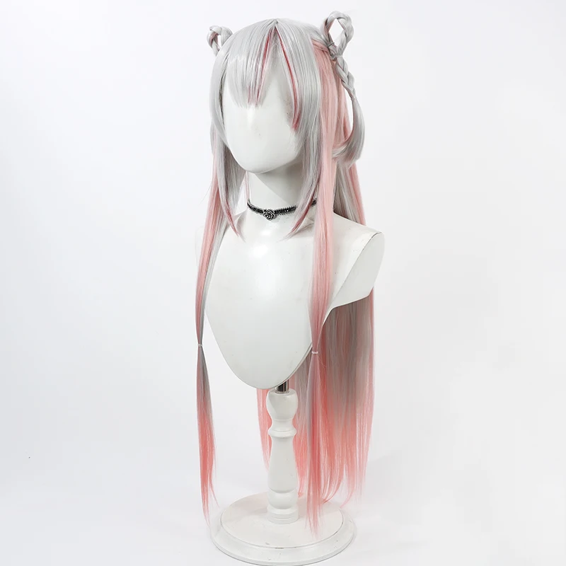 วิกผมทรงบันพร้อมเขาและกระดิ่งของนักบันเทิงออนไลน์ Nakiri Ayame จาก Hololive สำหรับคอสเพลย์ สีเทาชมพู ผมยาวตรง วัสดุใยสังเคราะห์