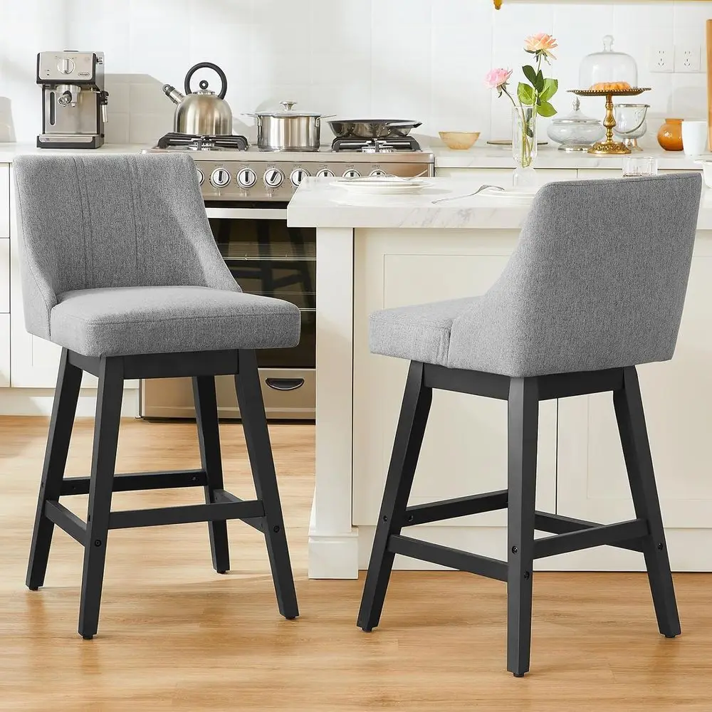 

Set of 2, 27 Swivel Bar Stools with Backs, Fabric Seat, Solid Wood Legs, Adjustable Height
