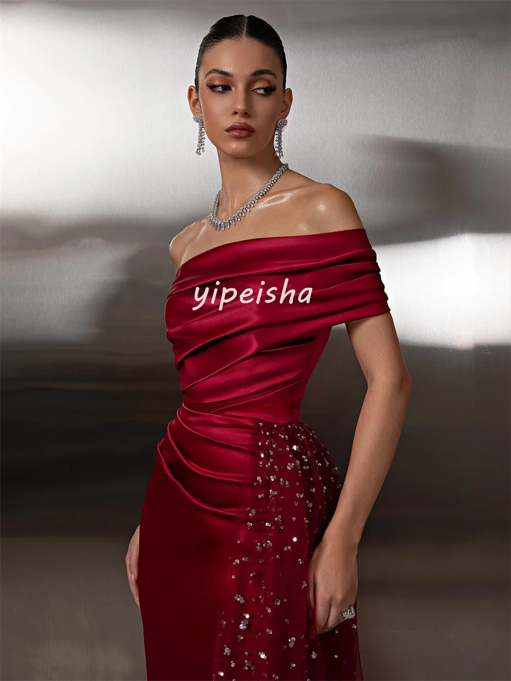 تخصيص البريق معقدة الطية ثنيات الديكور مطرزة حورية البحر خارج على الكتف فساتين طويلة مخصصة فساتين المناسبات الرجعية #5