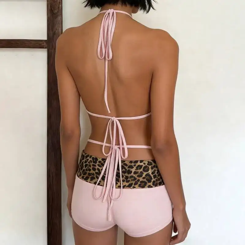 Women Leopard Print Bikini Set With Neck Strap Bra Patchwork Contrasting Low Waist Shorts Two Piece Set Summer Sexy Beach Suit