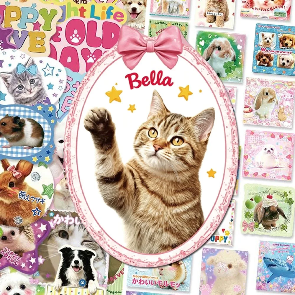 50Pcs Cute Puppy Roll Stickers, Kawaii Dog and Cat Square Label Stickers for Packaging Journal DIY Decorations