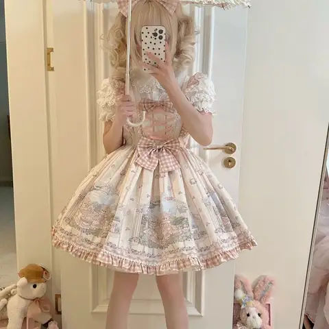 Sweet Lolita Reversible JSK Dress Women Bow Lace Puff Sleeve Bear Print Tiered Skirt Kawaii Tea Party Harajuku Fashion Outfits