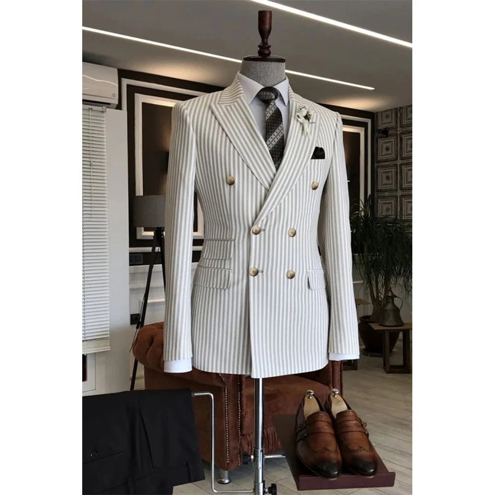 

Классические мужские костюмы высокого качества, двубортный костюм с пиковыми лацканами, комплект из 2 предметов, куртка и брюки, мужской наряд в полоску для торжественных случаев, на заказ