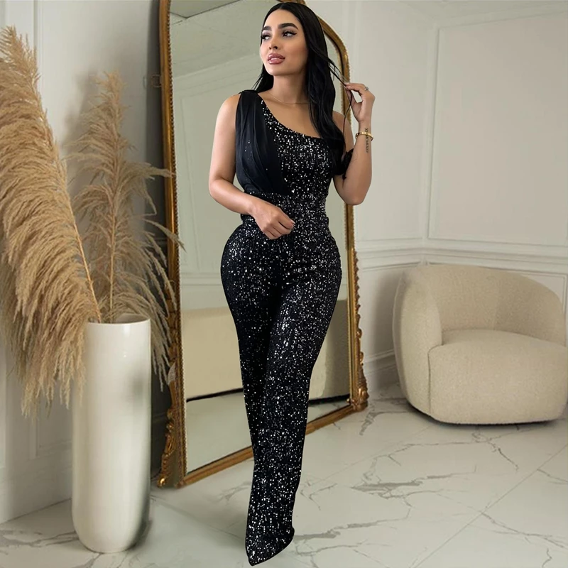 Pailletten Jumpsuit Vrouwen Een Stuk Broek Herfst Winter Enkel Schouderlint Womens Overalls Luxe Kleding Feest Verjaardag Outfit