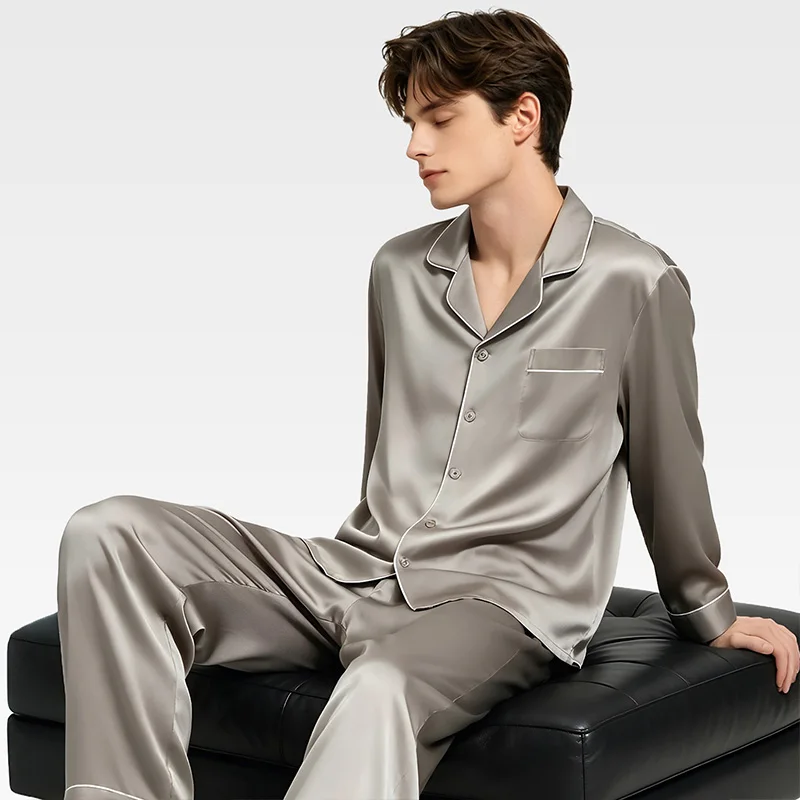 Luxury 19 Momme Pure Silk Men's Pajamas Set Long Sleeve Button-Down Homewear Champagne Gray Soft High-End Nightwear 2PCS