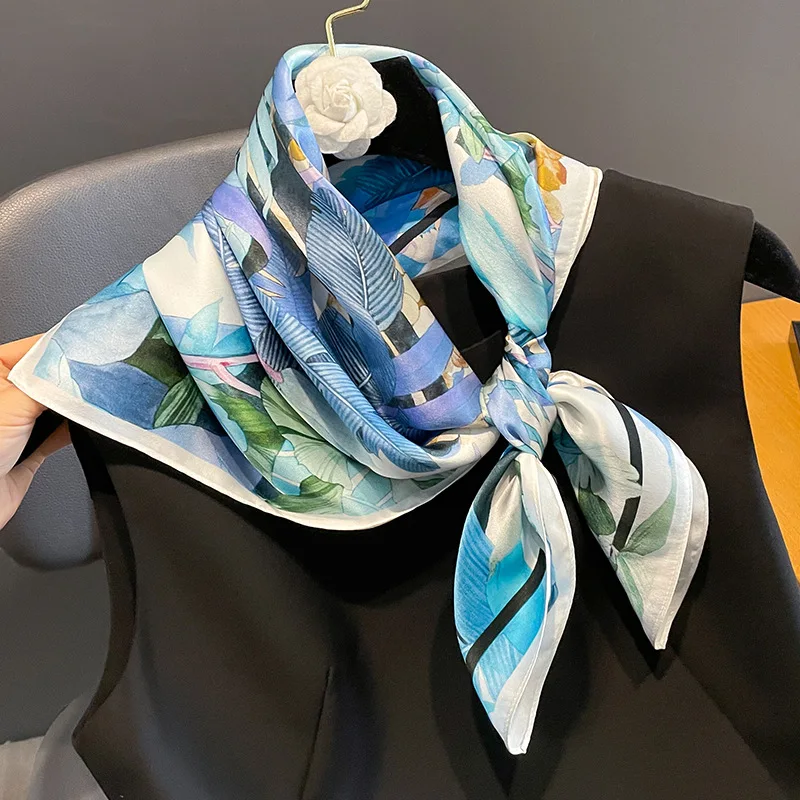 Beach 100% Real Silk Scarf Women Summer Neckerchief Female Shawl Luxury Brand Hijab Vintage Hair Band Foulard Wrap 2023 Bandana