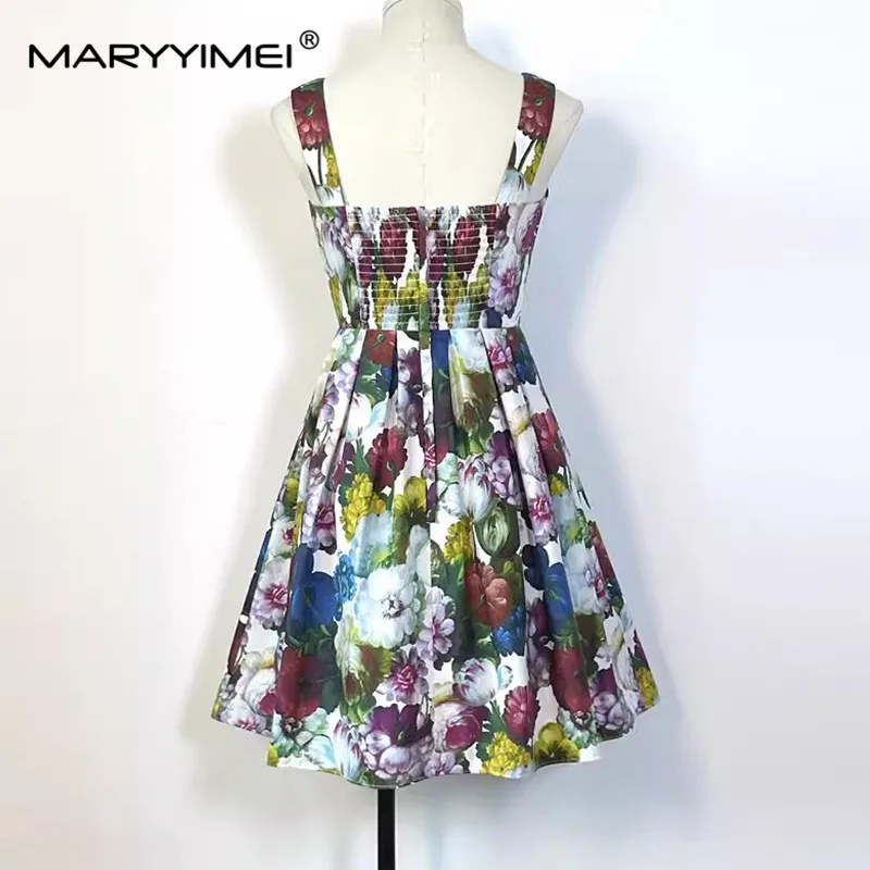 Imagem -03 - Maryyyimei-vestido Curto Floral com Alça de Espaguete Feminino Vestido Midi sem Costas Algodão sem Mangas Vintage Elegante Estampado Nova Moda