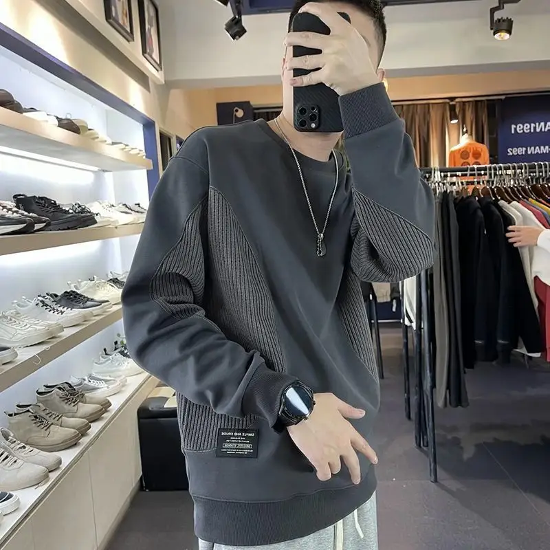 

Новый свободный и универсальный лоскутный повседневный топ с круглым вырезом для толстовок, модная брендовая базовая рубашка