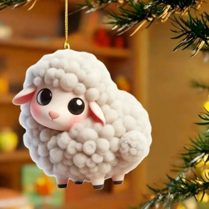 Cute Lamb Car Interior Rearview Mirror Acrylic Pendant Christmas Creative Hanging Decoration Bag Pendant Miniatures Gift Party