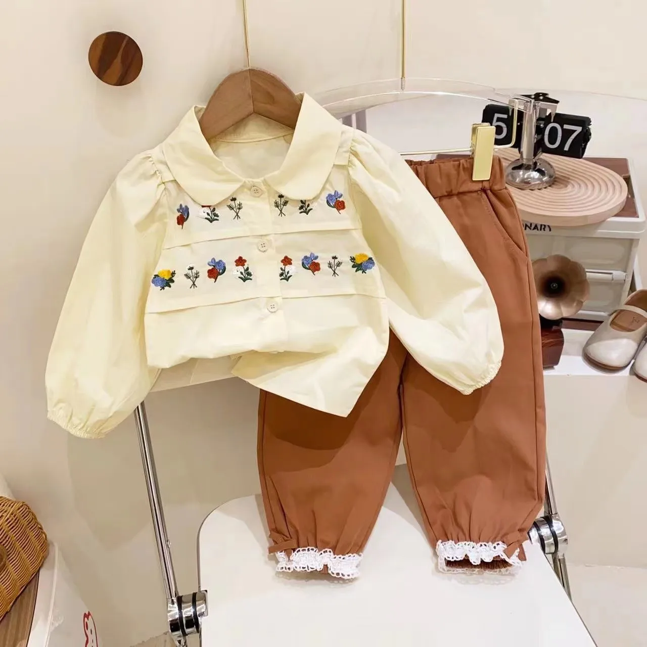 Girls Sweet 2pcs Suit Children Baby Kids Spring Autumn Embroidered Long sleeve Shirt+ Lace Pants Sets