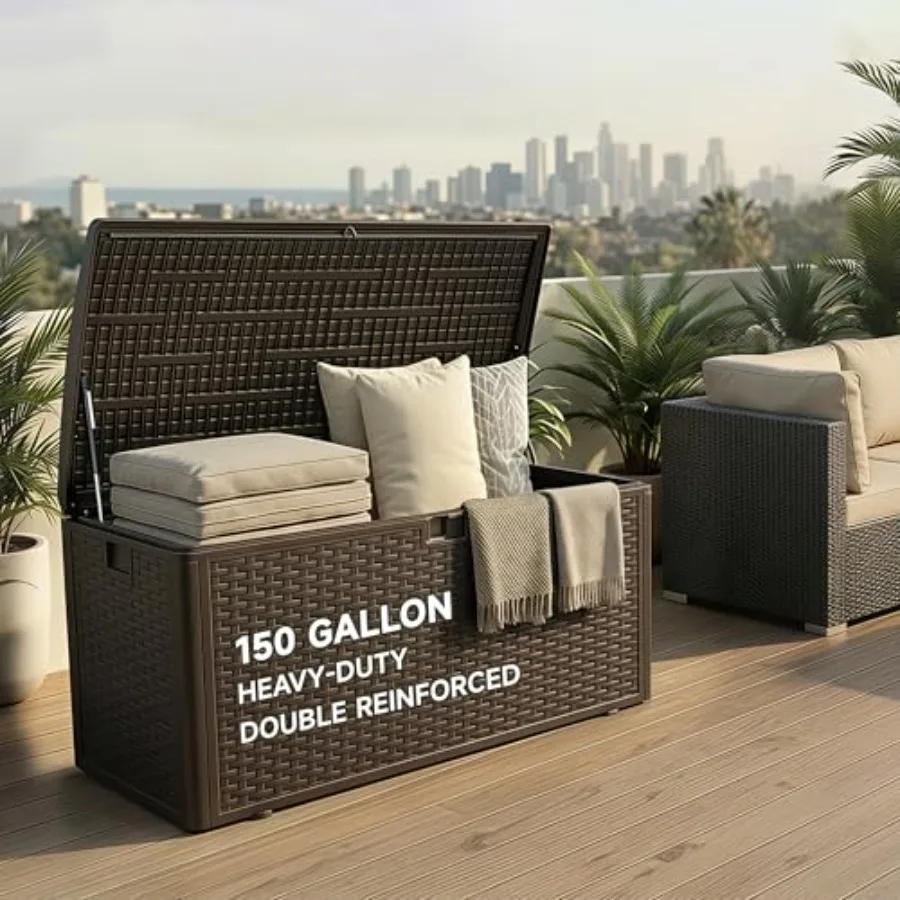 

Deck Box, Double Layer Waterproof Resin, Lockable and UV Resistant Storage Box for Patio, Garden, Pool