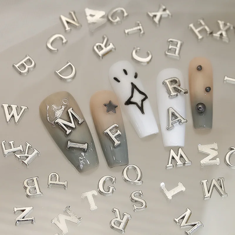 52pcs Simple Silver Gold A-Z English Letter Nail Charms Alphabet Character Alloy Nail Art Rhinestones 26 Alphabet DecorationsDIY