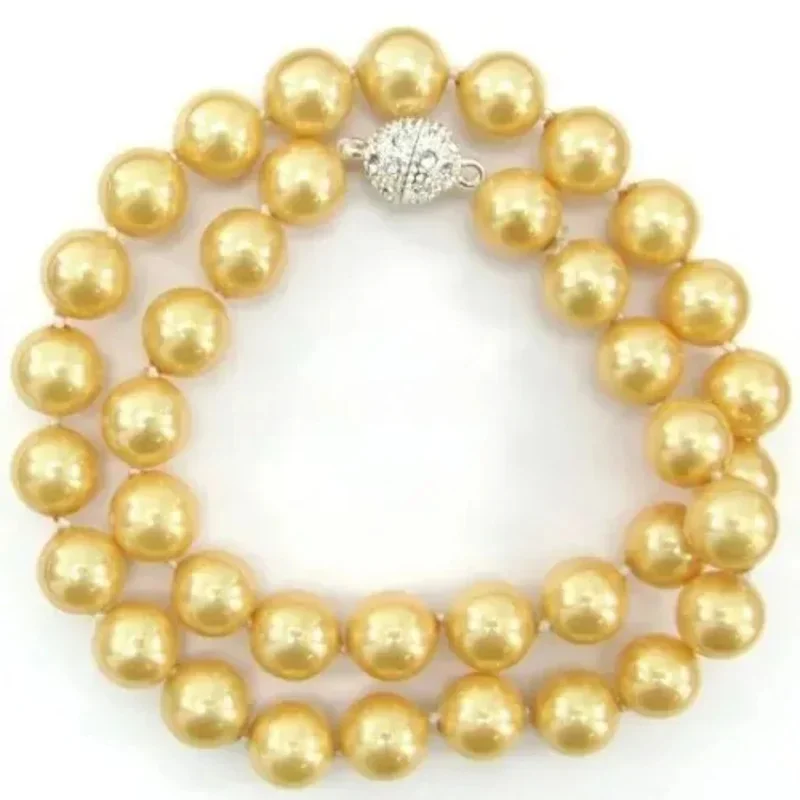 10mm Round Gold-color South Sea Shell Pearl Nelace Beads Fashion Jewelry Making 18inch Magnet Clasp Women Girls Gifts BV198