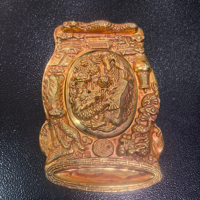 

New Handicrafts Antique Gold-Plated Relief Dragon and Phoenix Inkstone Miscellaneous Handicrafts Ornament Collection