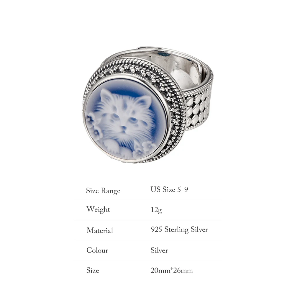 TZgrams Cute Cat cammeo Rings for Women Blue Agate White Shell Real 925 Silver Round Vintage Statement Ring Fashion Fine Jewelry