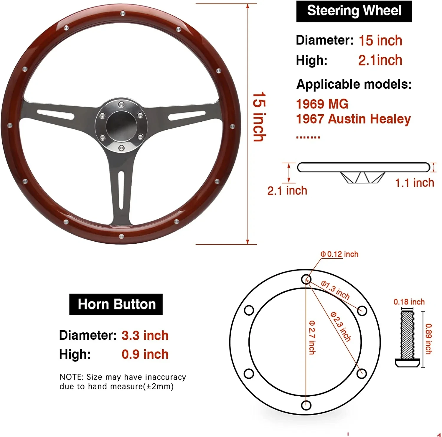 Auto Wood Steering Wheel 380MM 15 Inch with Horn Button Kit Racing Car Sports Mahogany Porous Steering Wheel