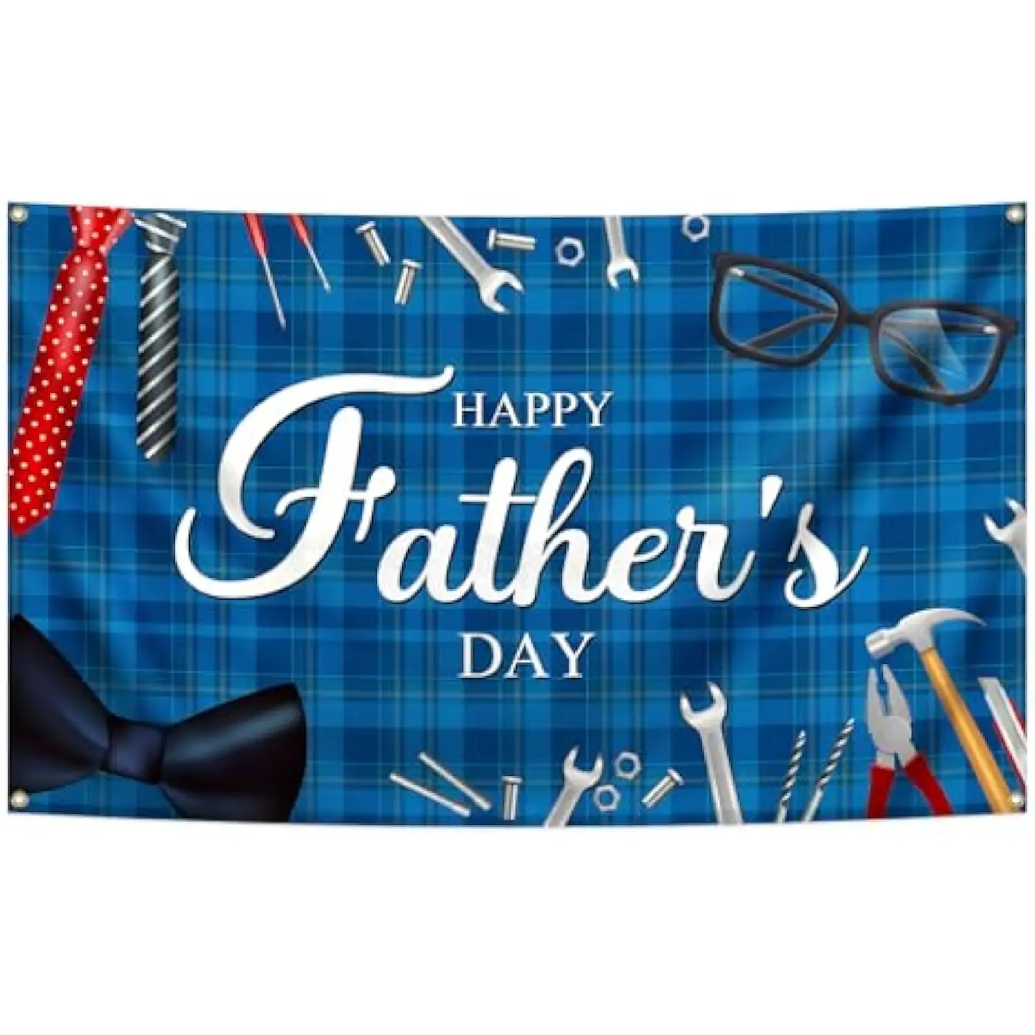 Happy Father's Day Banner Flag Blue Plaid Tools Theme Yard Sign for Dad Papa Grandpa Decor