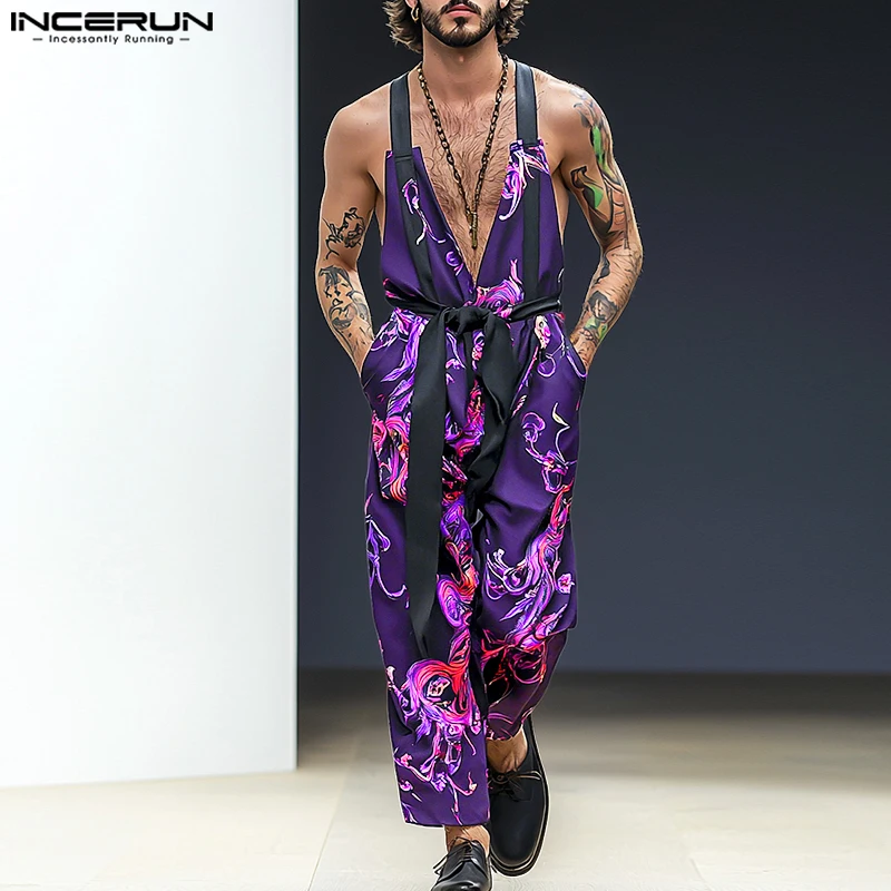 

INCERUN Men Jumpsuits Printing Patchwork Deep V Neck Sleeveless Fashion Male Rompers Streetwear 2025 Lace Up Loose Overalls Men