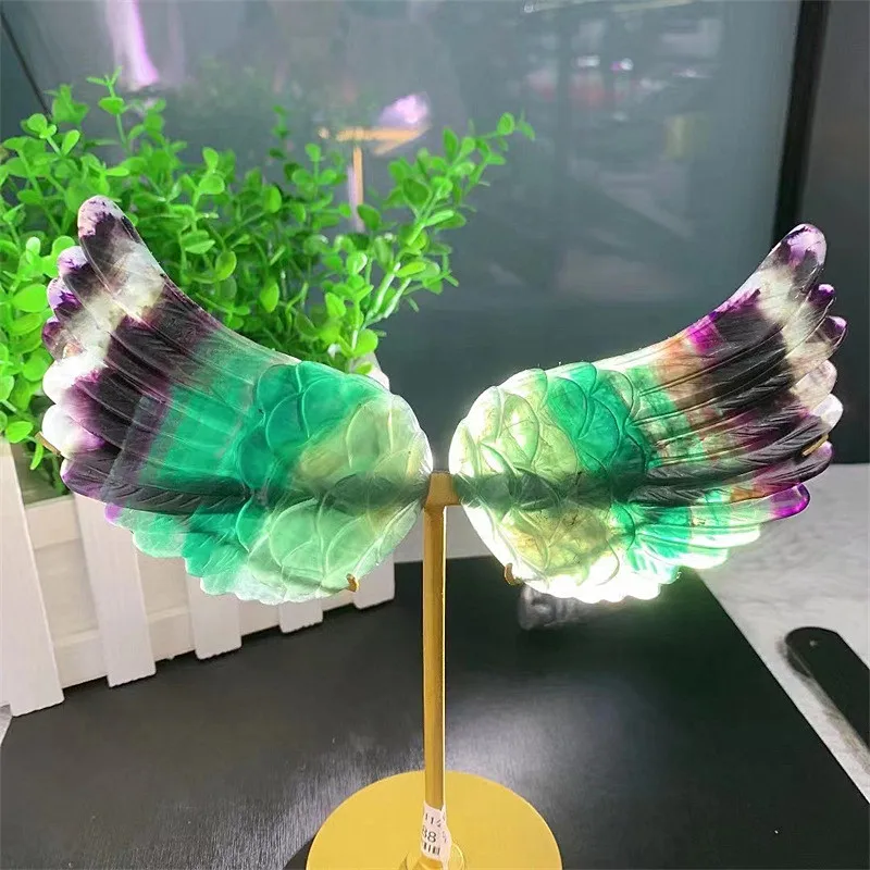 

Natural gemstone craving crystal angel wings rainbow fluorite for sale