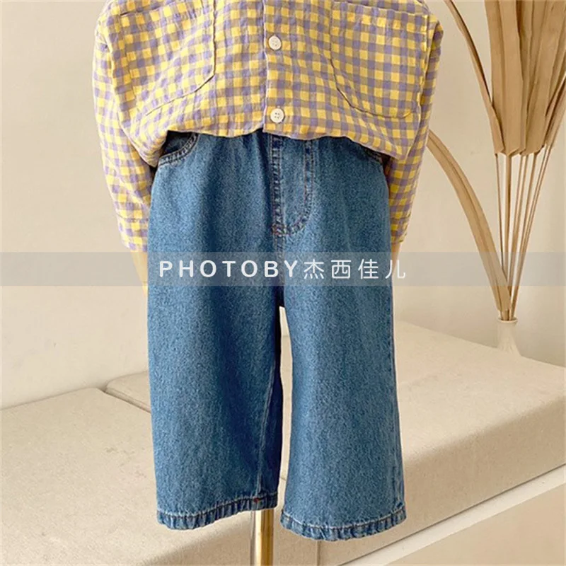 Kids Pants Children Korean Spring New Trousers Boys Girls Wide Lege Simplicity Fashion Elastic Waist Causal Washing Jeans