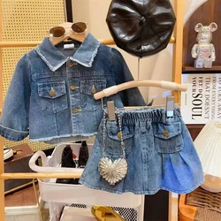 New Product 2024 Baby Childrens Wear Cowboy Coat Set 2024 Autumn Wear Girls Short and Stylish Two piece Set