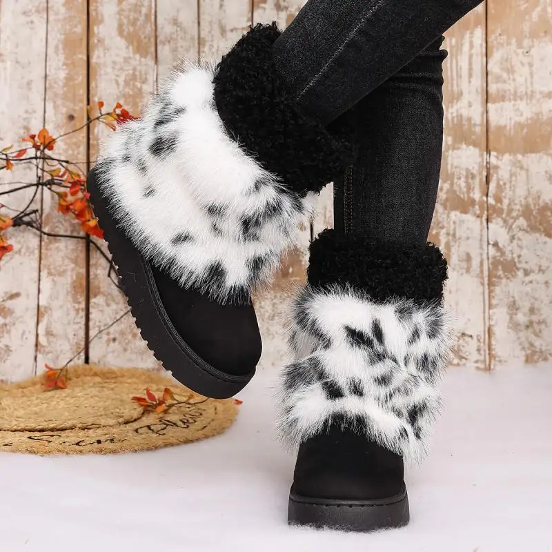Y2K Leopard Faux Fur Snow Boots for Women Winter Comfort Thick Soled Suede Ankle Boots Warm Fluffy Plush Short Booties for Women