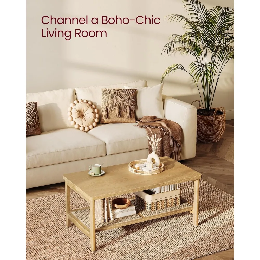 2-Tier Coffee Table for Living Room, Living Room Table Rectangular Center Table, with PVC Rattan Storage Shelf, Rounded Corners