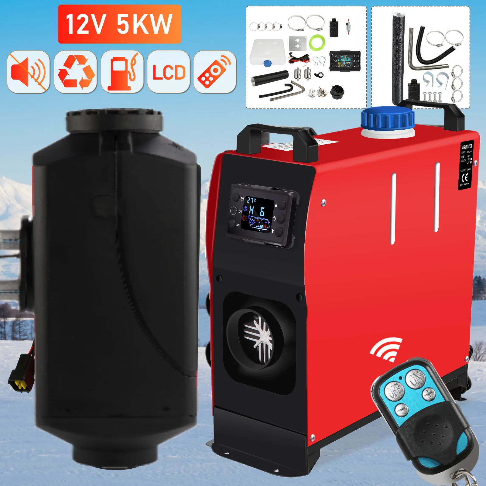 12V/24V-os autófűtés 2KW/5KW/8KW dízel légfűtő 6 gombos LCD termosztáttal, parkolófűtés, gyors fűtés teherautóhoz, lakóautóhoz