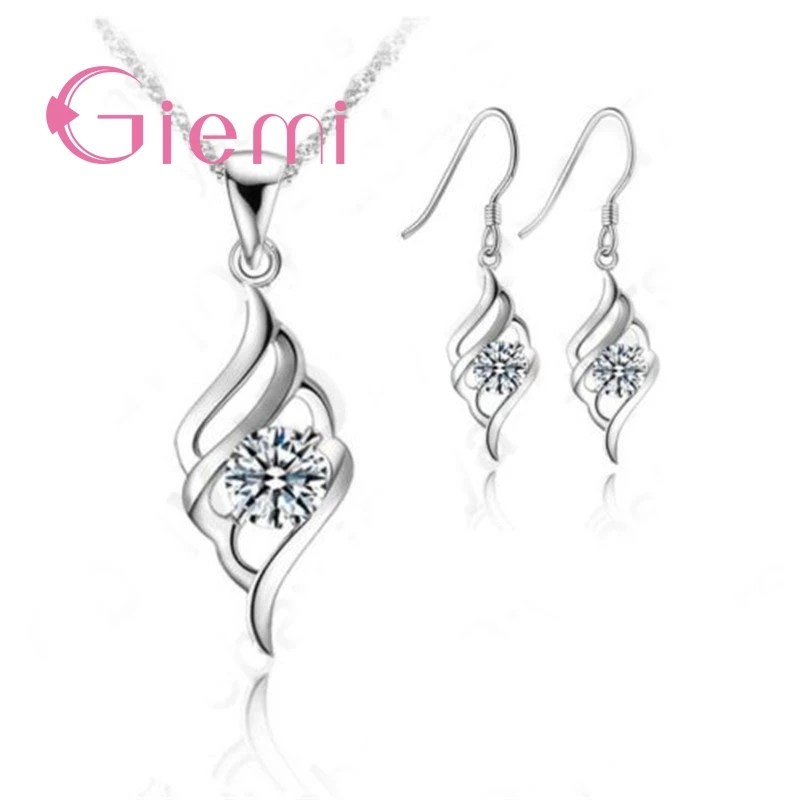 Elegant Wings Shape Zircon Pendant Necklace Ear Hook Set Trendy 925 Sterling Silver Jewelry Sets for Women Engagement Party Gift