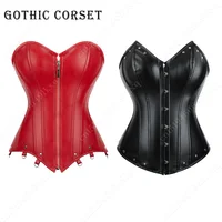 Corsé de cuero Sexy para mujer, disfraces burlescos con cordones y cremallera, corsé gótico Steampunk, corpiño, moldeador de cuerpo por encima del busto de talla grande