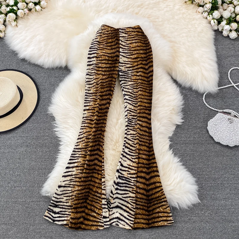 High Waist Slim Fit Casual Floor-Length Pants Elastic Waist Leopard Print Asymmetrical Versatile Micro Flared Pants