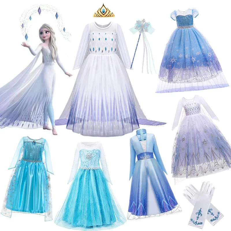 

Платье принцессы «Холодное сердце» 1/2 для девочек, костюм с цветочными стразами на день рождения, детский косплей, вечерняя одежда с длинными рукавами, свадебная одежда королевы снега