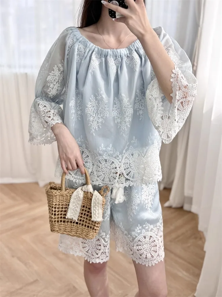 

New Elegant Floral Embroidery Blue Two Piece Sets Women Streetwear Vintage Chic Tops and Shorts Slash Neck Shorts Sets Summer