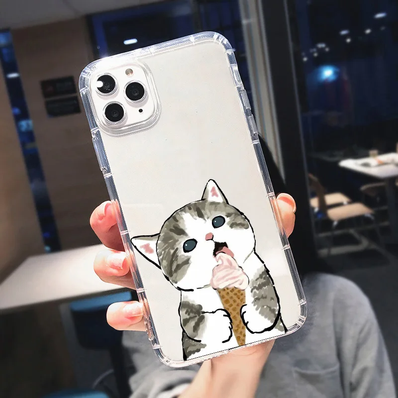 Cartoon Cat Phone Case for iPhone 14 13 12 11 Pro XS Max Mini 7 8 14 Plus X XR SE Shockproof Transparent Ice Cream Covers Fundas