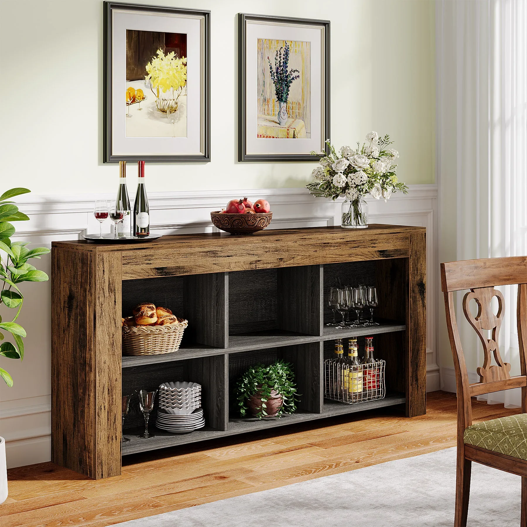 Personalizávelconsola larga 63 polegadas, mesa entrada mara rústica con 6 cubos almacenamiento, mesa