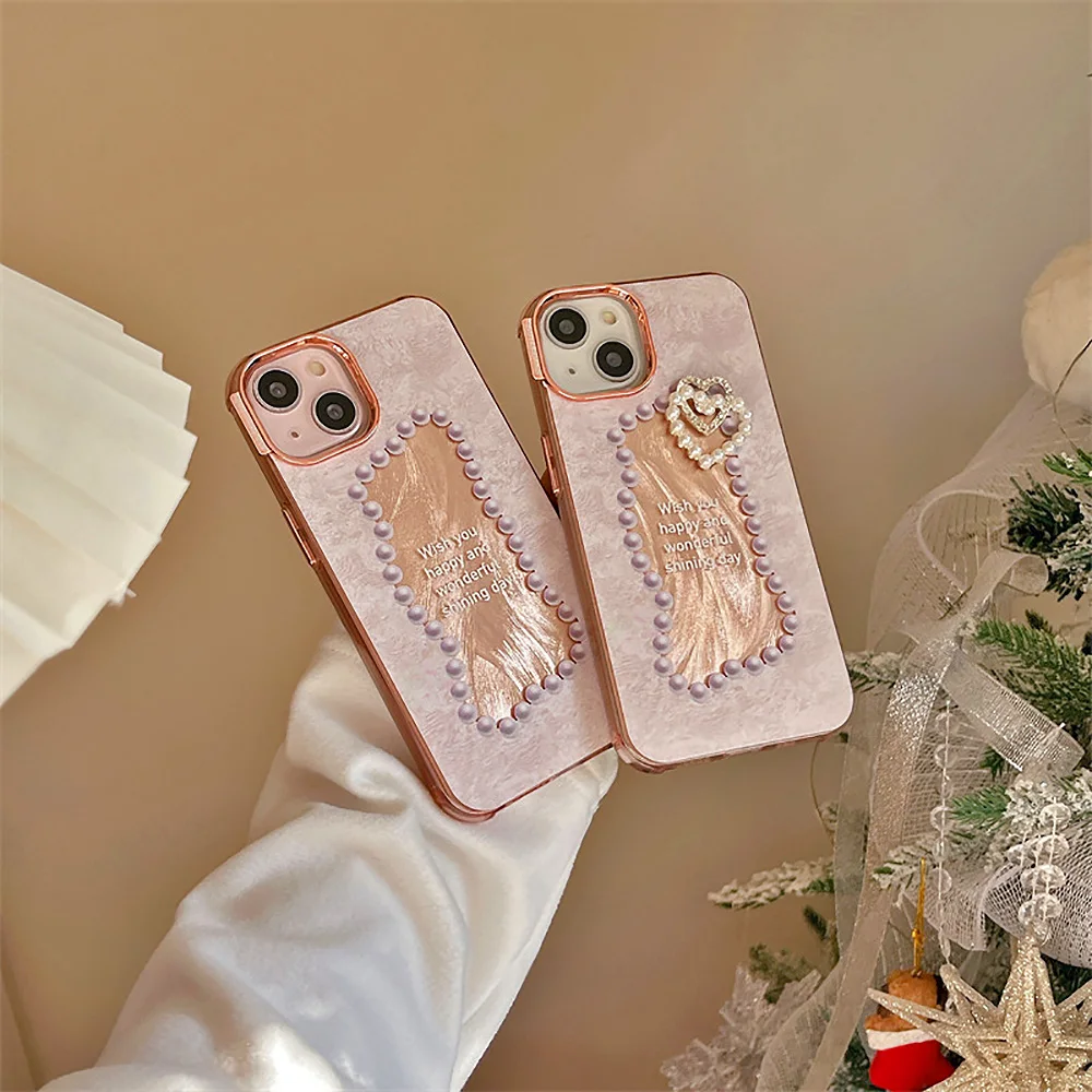 Glitter 3D Diamond Pearl Love Heart Pink Phone Case Cute Hollow Out English Protective Cover For iPhone 15 14 11 13 12 Pro Max