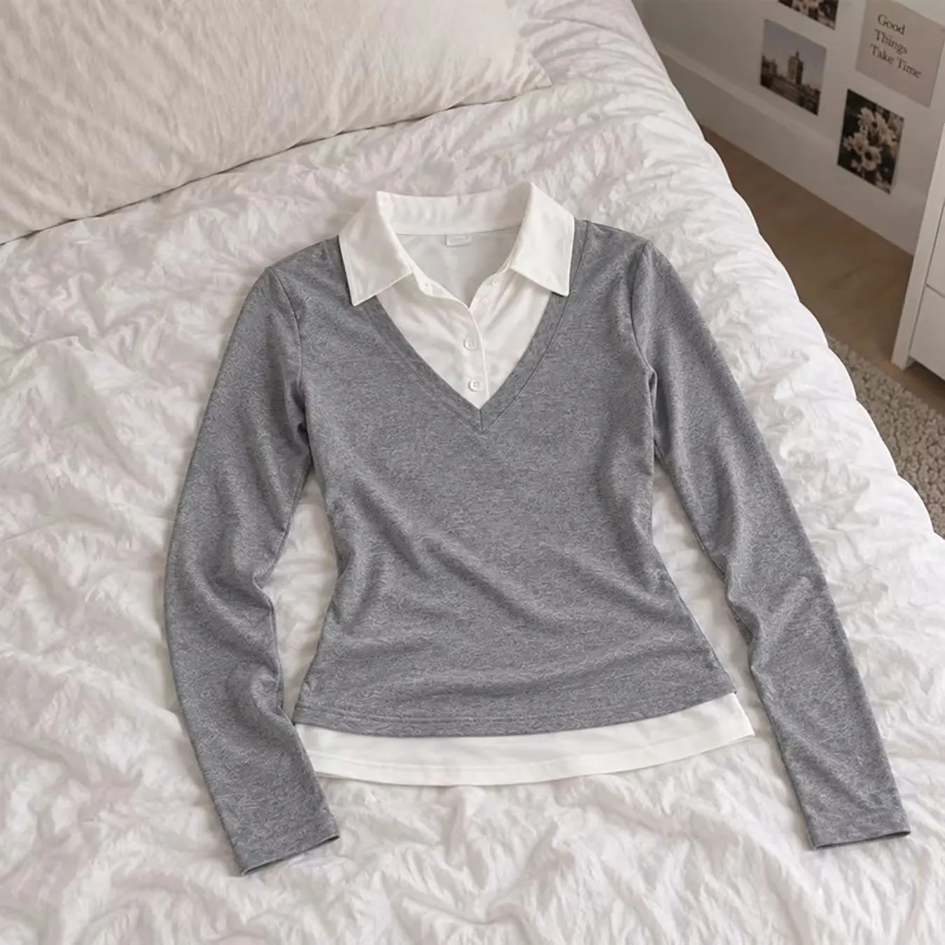 2026 New Y2K Fake Two Piece Contrast Color Splicing Lapel Slimming Long Sleeve T-shirt Trendy Women Casual Fashion Top