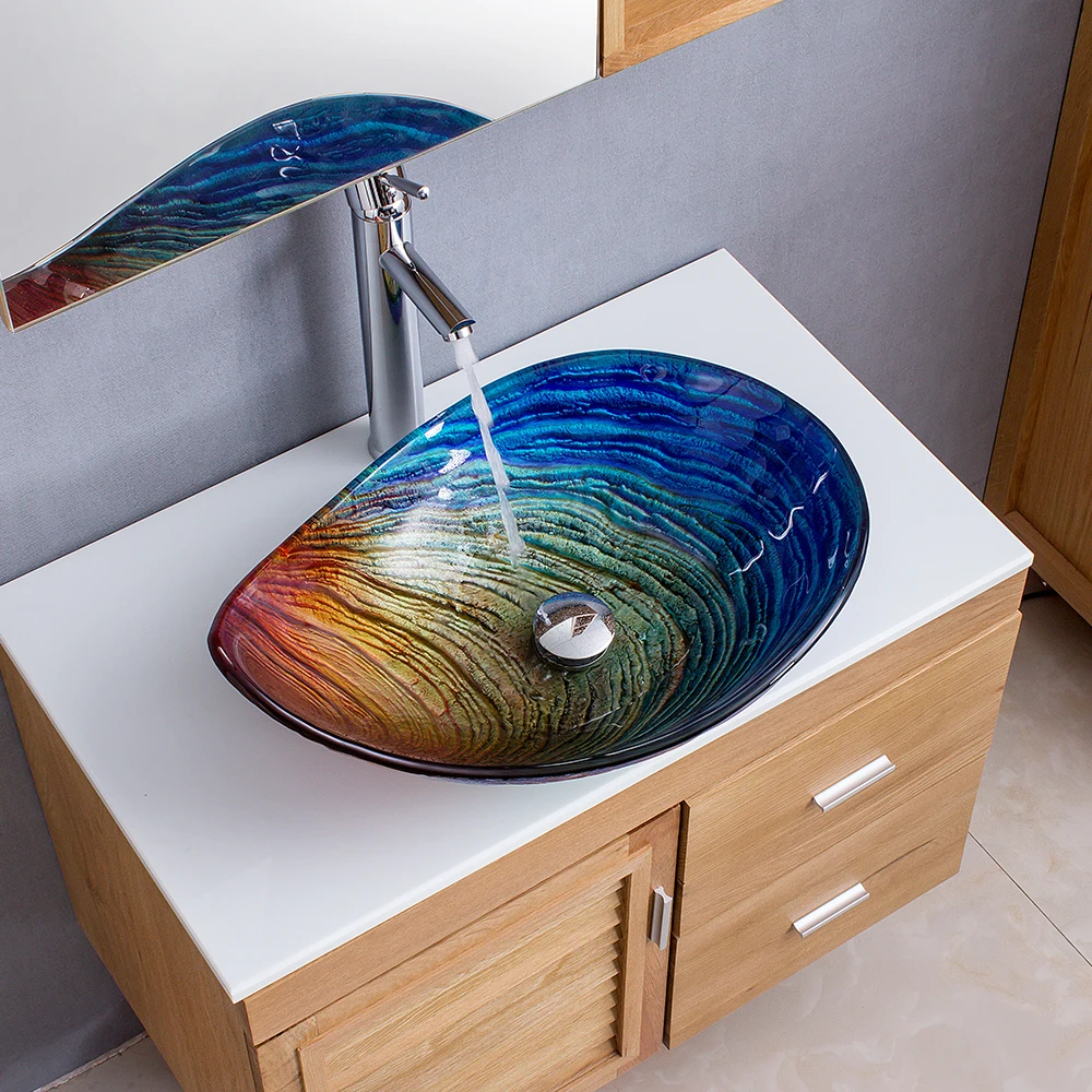 j* Hot Sale Hotel Bathroom Rainbow Droplets Shaped Tempered Glass Vessel Sink of China Bathroom Sanitary Ware
